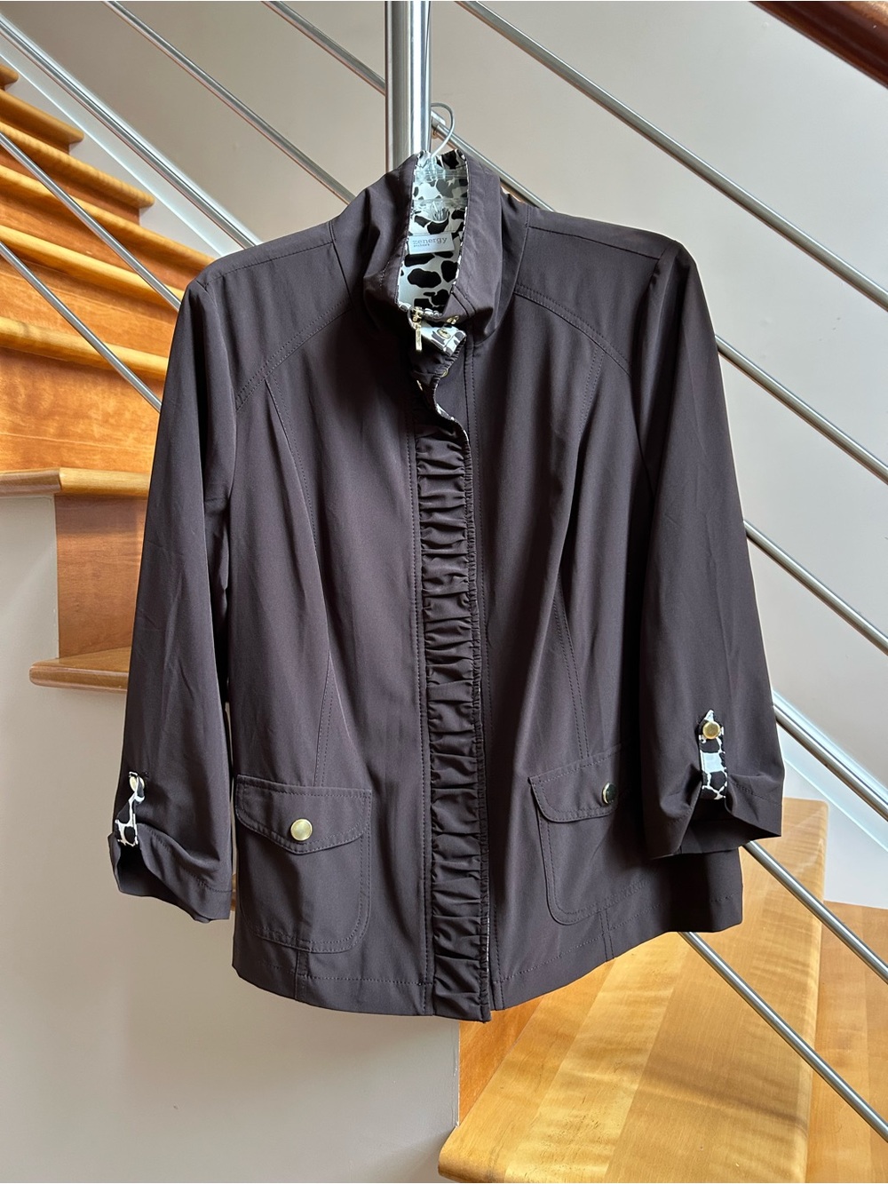 Utility Jacket with Ruffle-Trim in Black
